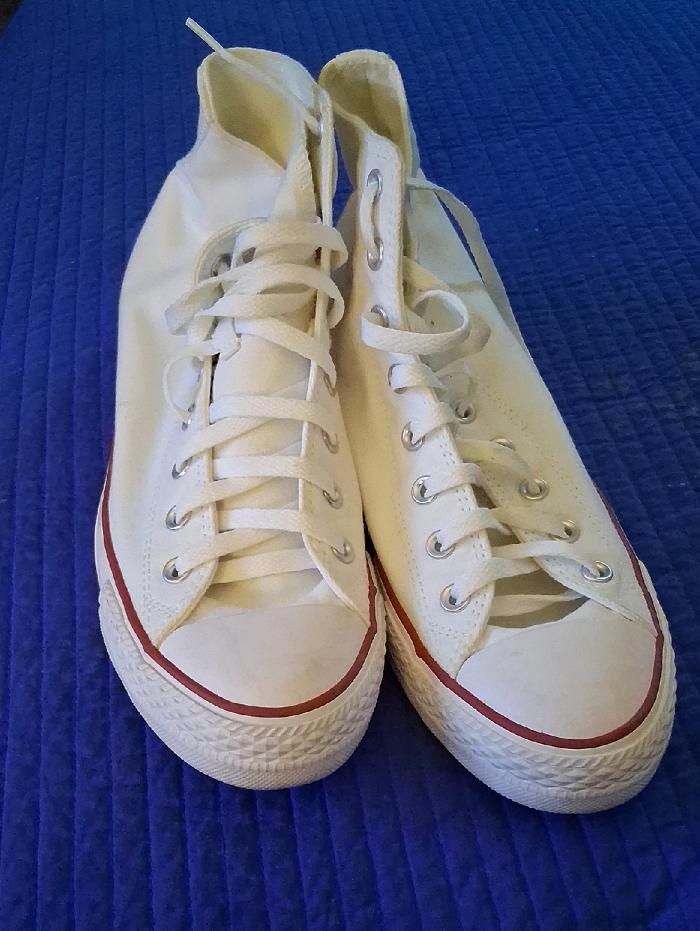 Off-White Canvas High-Top Sneaker with Red Outsole Stripe